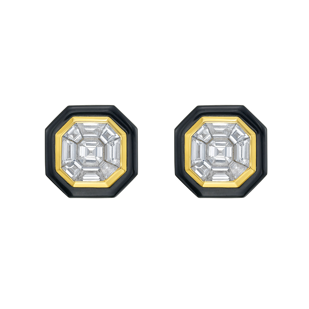 Front view of Black Velvet Diamond studs with pillow-shaped black agate, yellow gold bezel, and mixed-shape diamonds on white