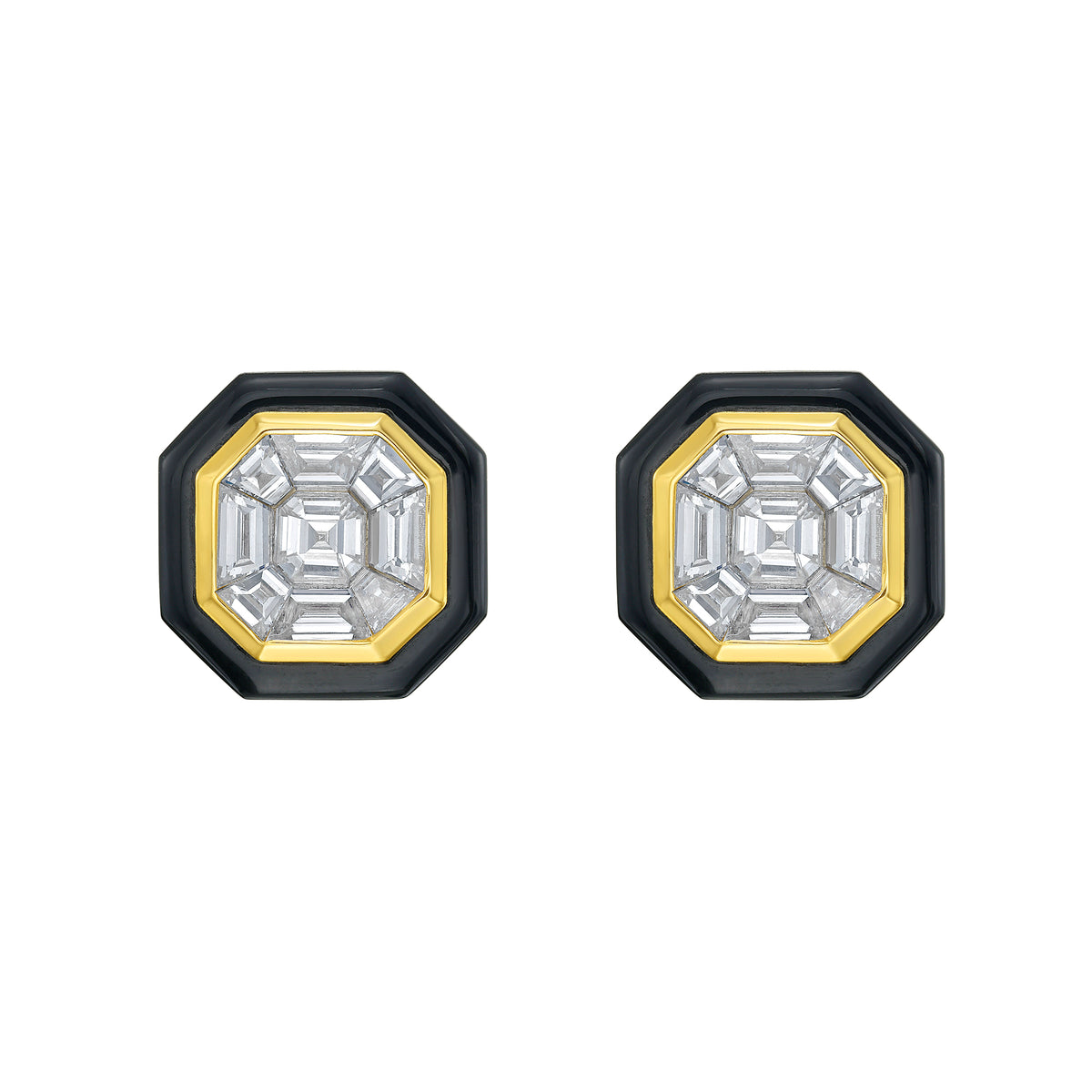 Front view of Black Velvet Diamond studs with pillow-shaped black agate, yellow gold bezel, and mixed-shape diamonds on white