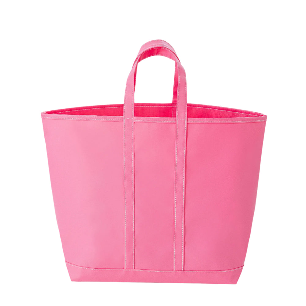Front view of Vinyl Lulu tote showcasing bright pink vinyl material, double top handles, and stitched base on white background
