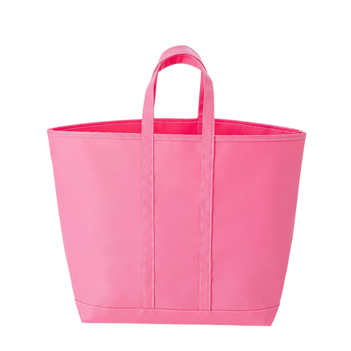 Front view of Vinyl Lulu tote showcasing bright pink vinyl material, double top handles, and stitched base on white background