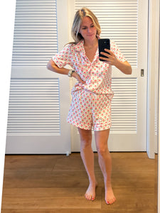 Women's Geranium Block Button Front Short Pajama Set in Pink