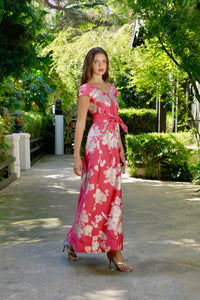 V Neck Dress with Matching Sash Belt in Coral And Silver Italian Brocade