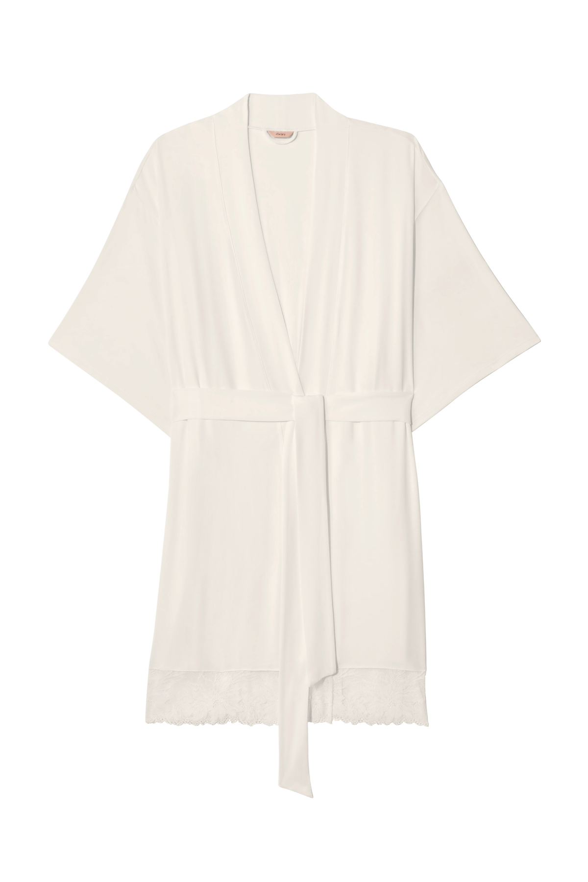 Front view of Rosalia Robe in Ivory showcasing short kimono sleeves belted waist lace hem and transparent background