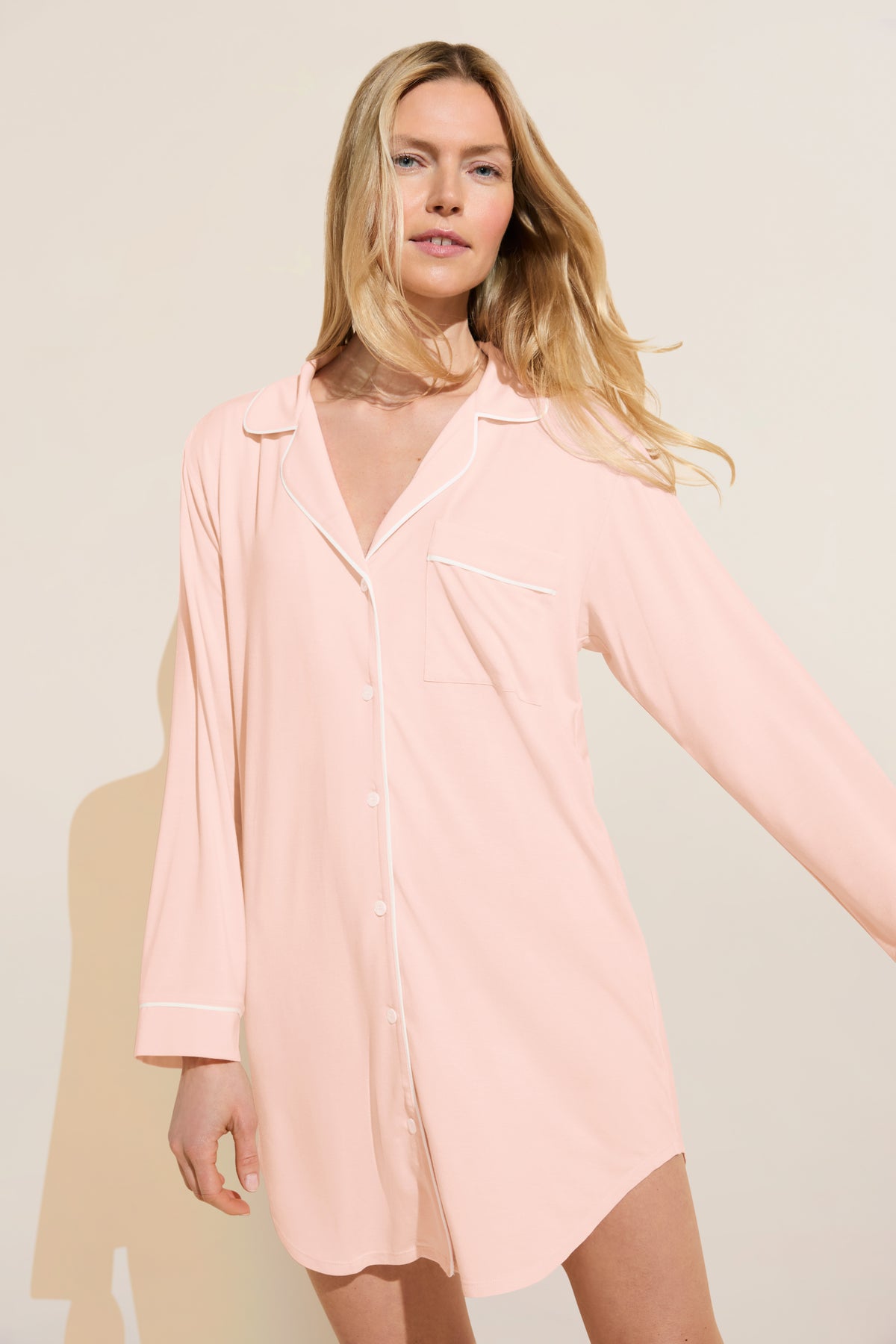 Front view of Gisele Sleepshirt in Petal Pink/Ivory showcasing notch collar, buttons, pocket, and contrast piping on a model
