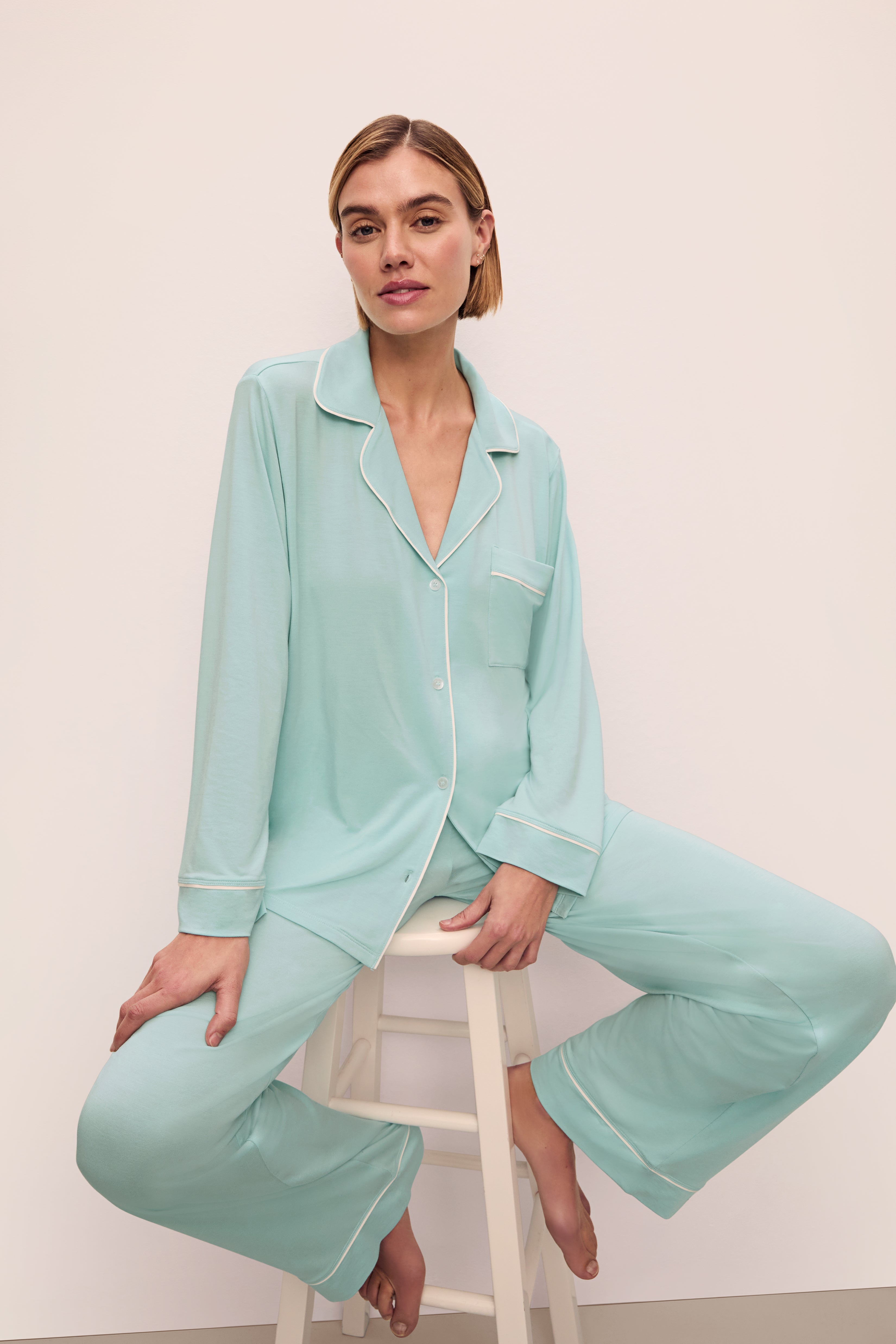 Gisele Long PJ Set in Canal Blue/Ivory