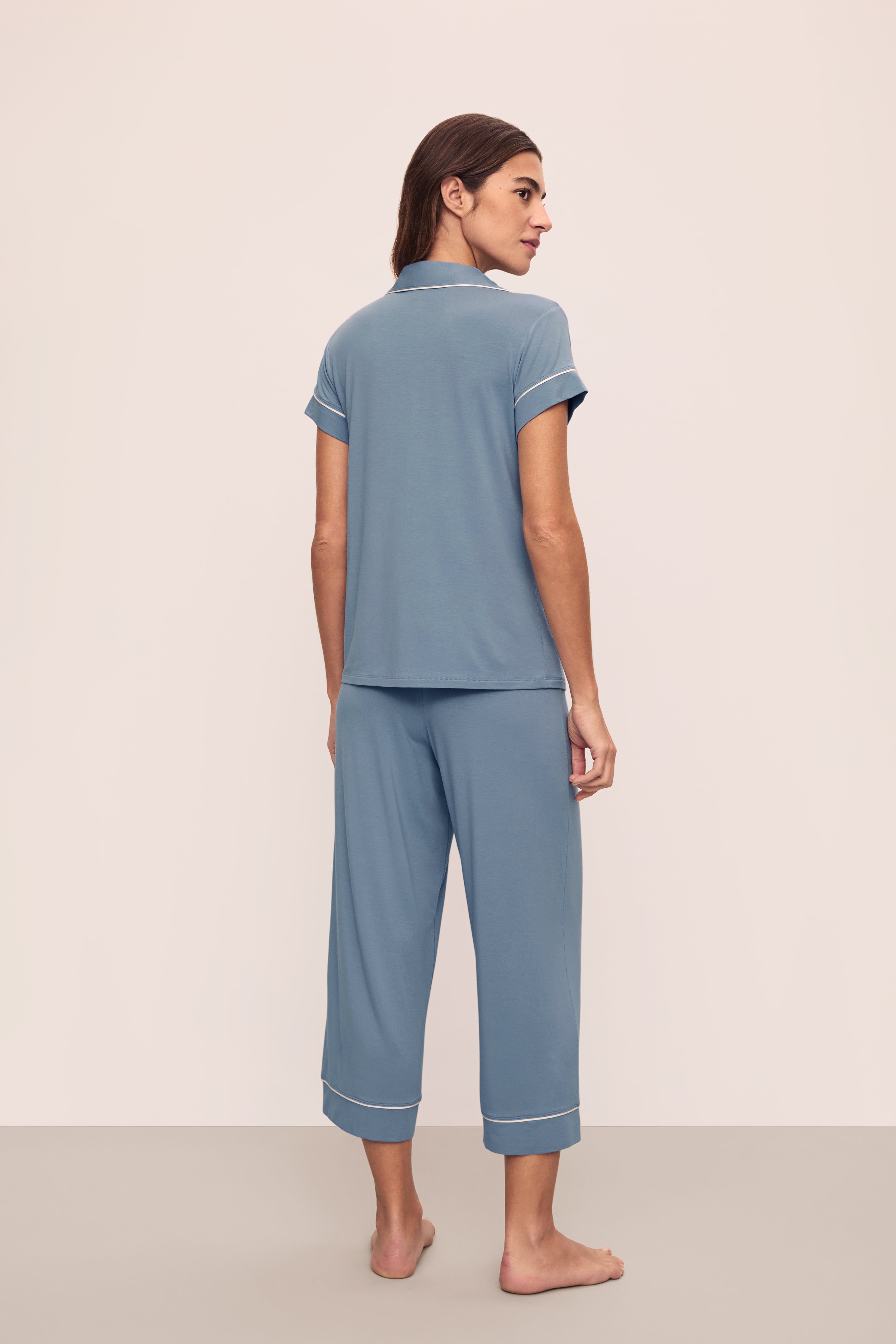 Gisele Short Sleeve Crop PJ Set in Faded Denim/Ivory