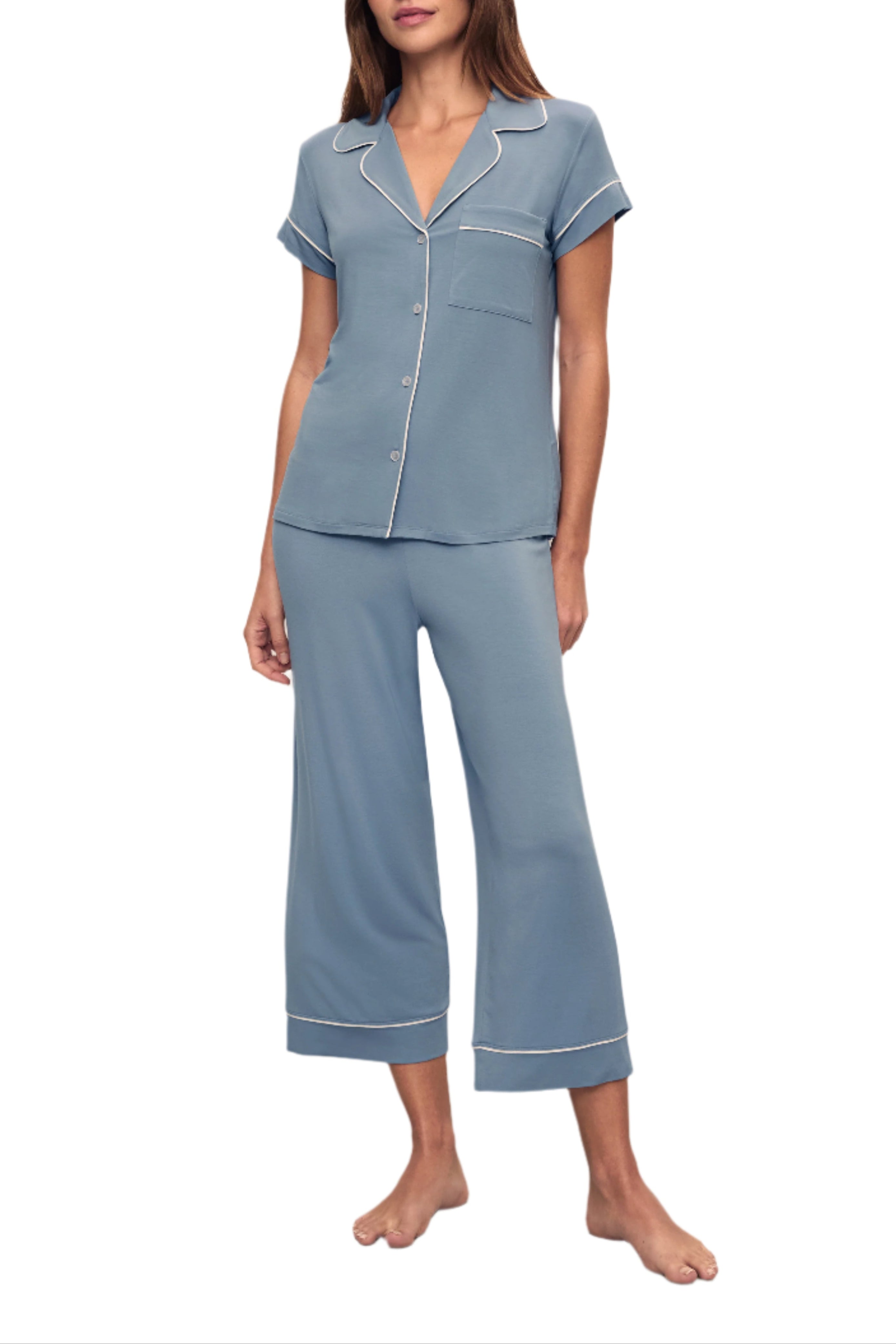 Gisele Short Sleeve Crop PJ Set in Faded Denim/Ivory