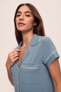 Gisele Short Sleeve Crop PJ Set in Faded Denim/Ivory