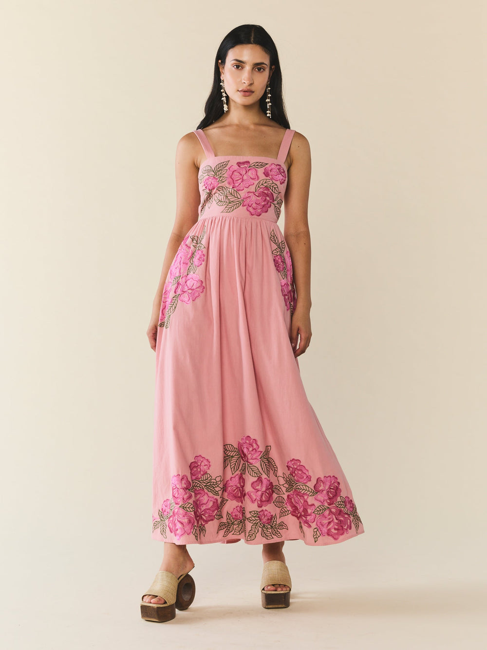 Front view of Gavin Dress in Pink Pop Floral with peony embroidery, empire waist and wide straps on neutral background