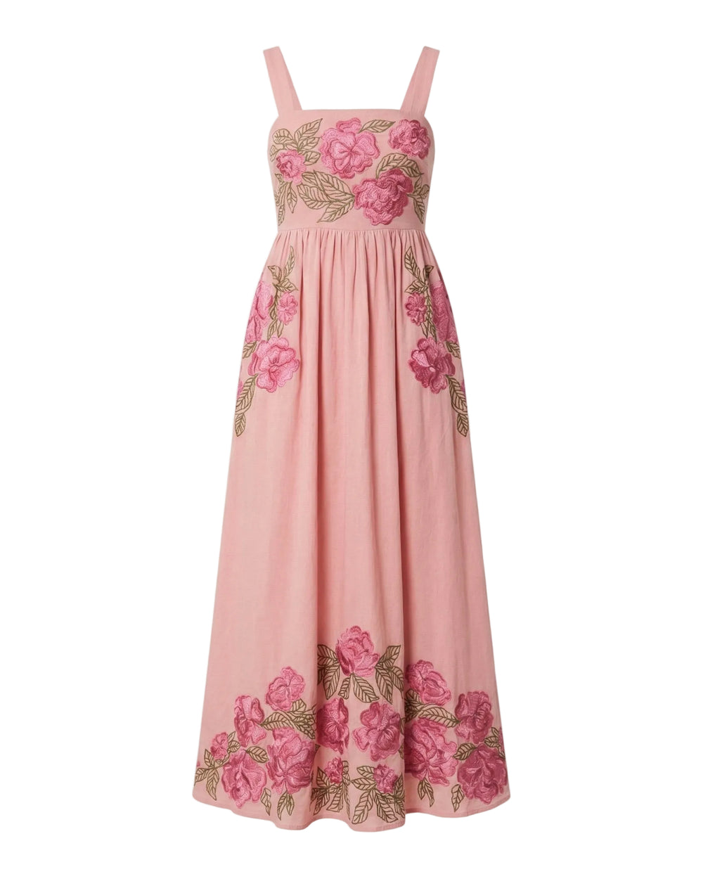 Front view of Gavin dress in Pink Pop Floral showcasing pink peony embroidery, empire waist, wide straps on white background