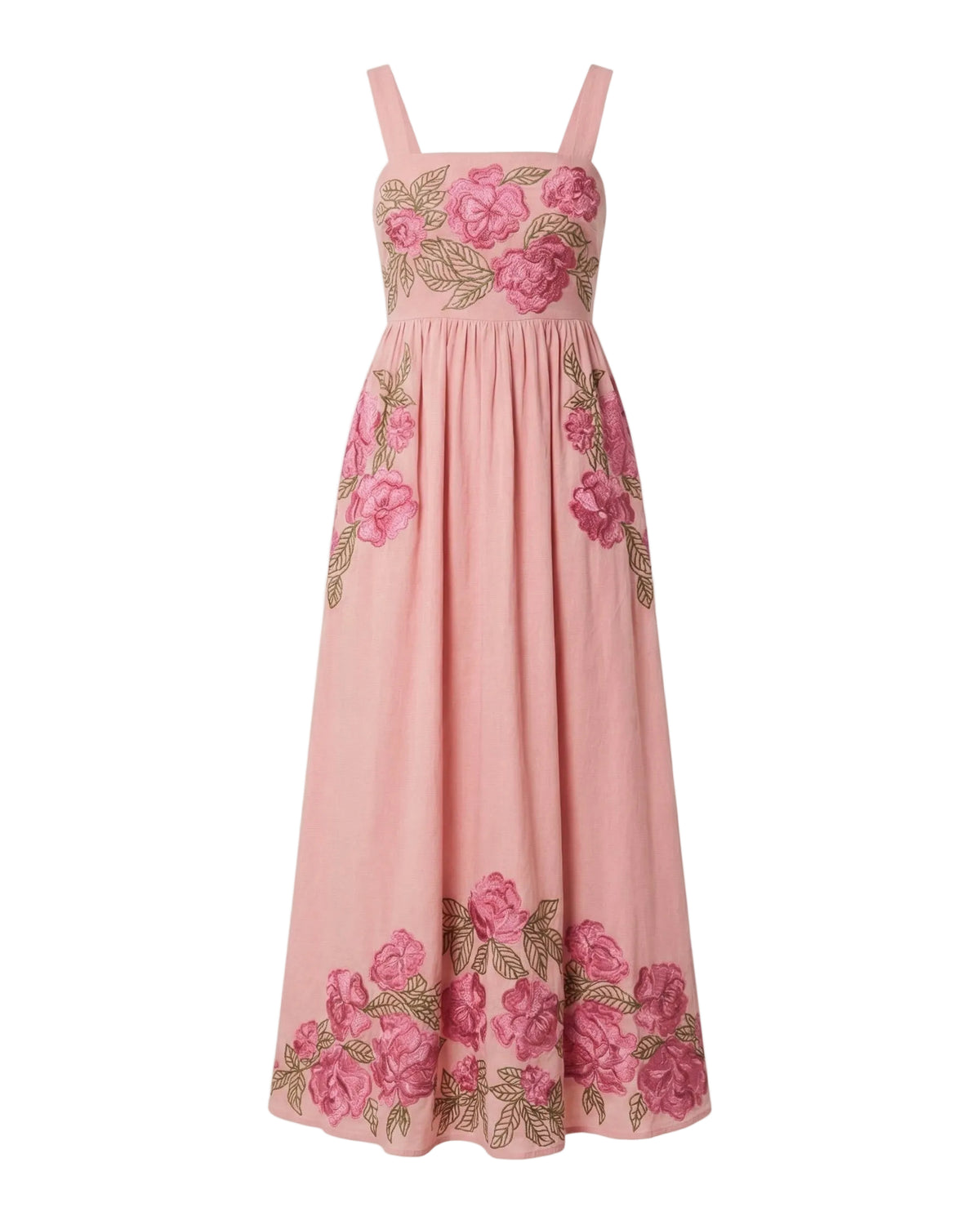 Front view of Gavin dress in Pink Pop Floral showcasing pink peony embroidery, empire waist, wide straps on white background