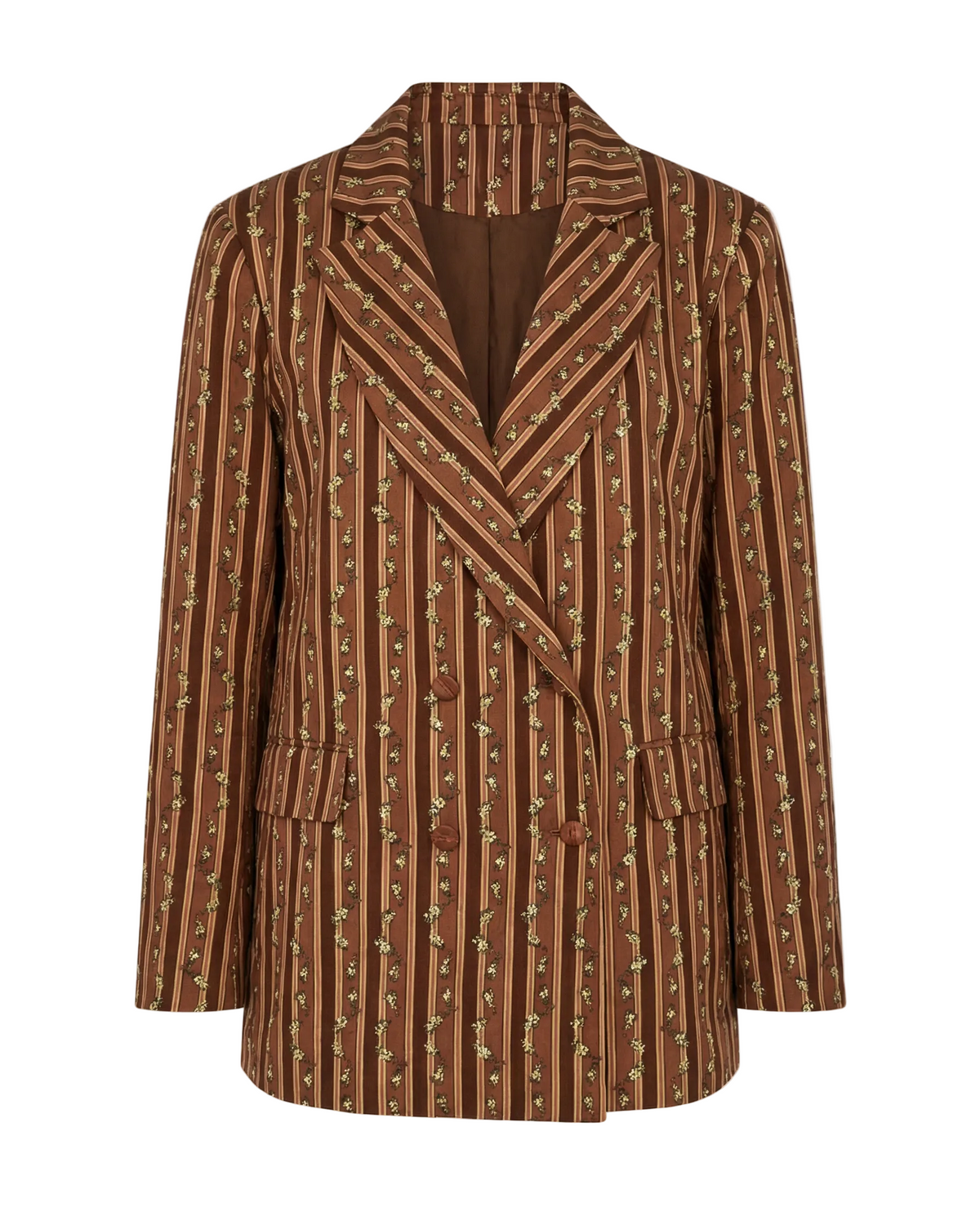 Front view of Sloan blazer in Fresh Garden Floral showing double-breasted silhouette, padded shoulders and chocolate-striped floral print on white background
