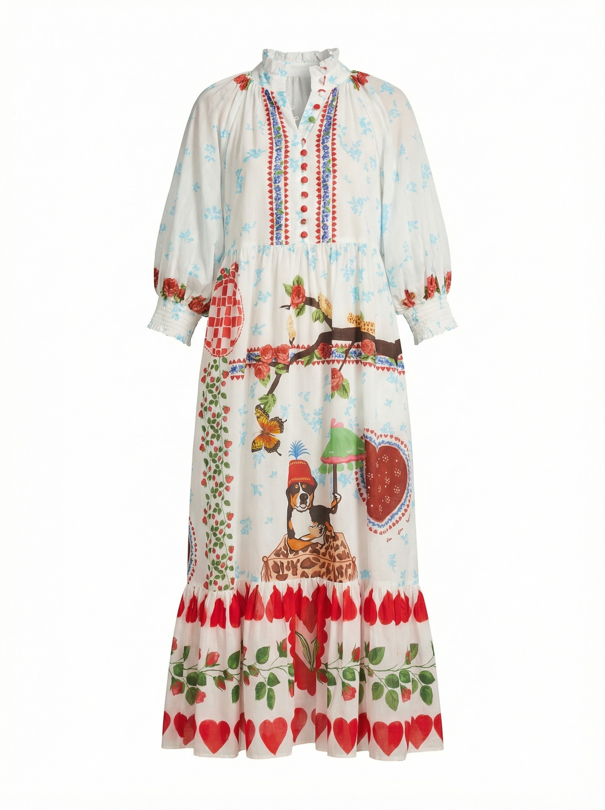 Front view of Eliza Dress in Alfie White showcasing smocked neckline, covered buttons, colorful print, and ruffled hem