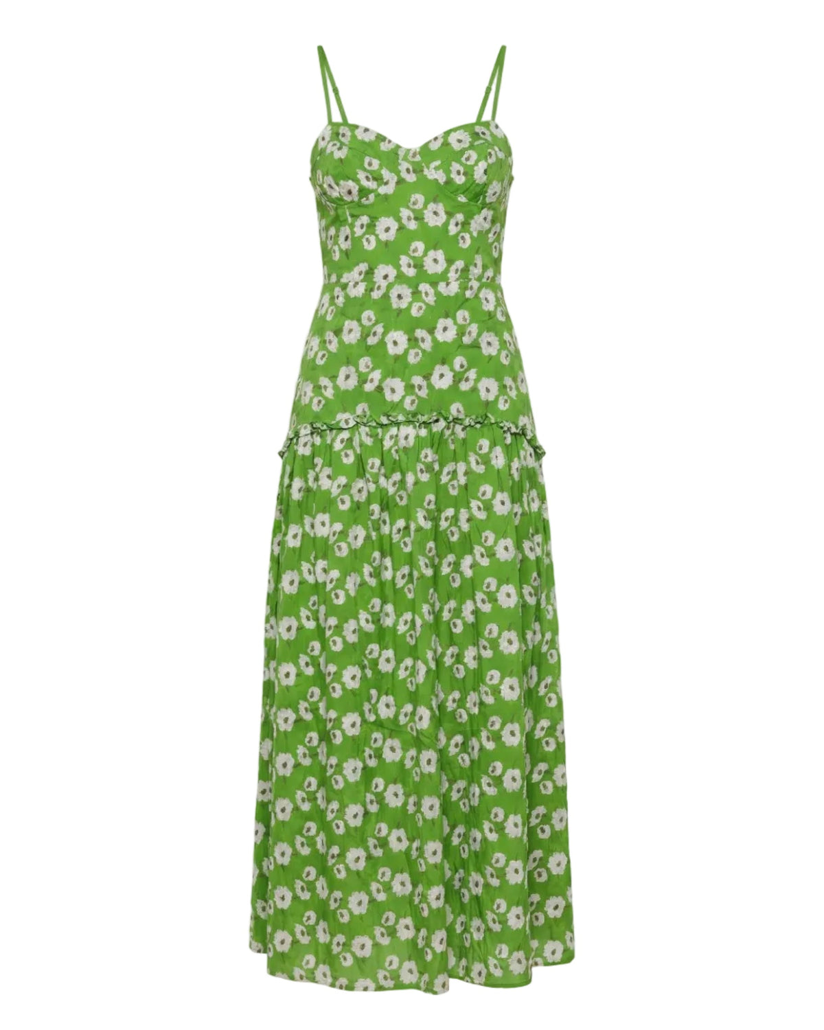 Front view of green Lydia Dress showcasing floral embroidery, sweetheart neckline, and flowing skirt on white background
