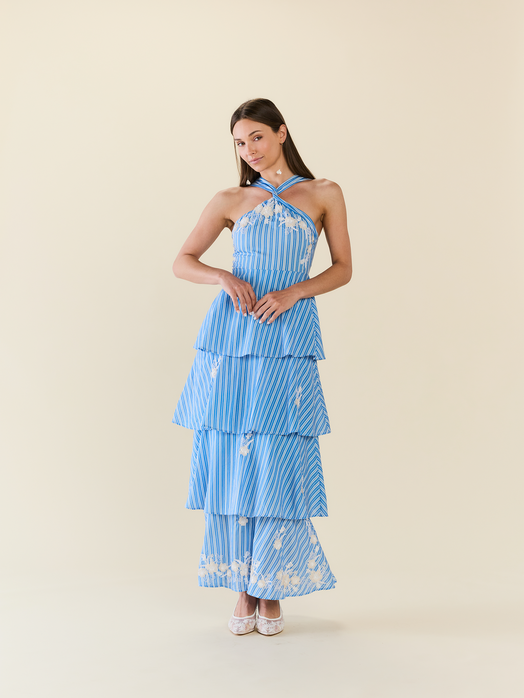 Emma Tiered Dress in Bluebell Beaded Stripe