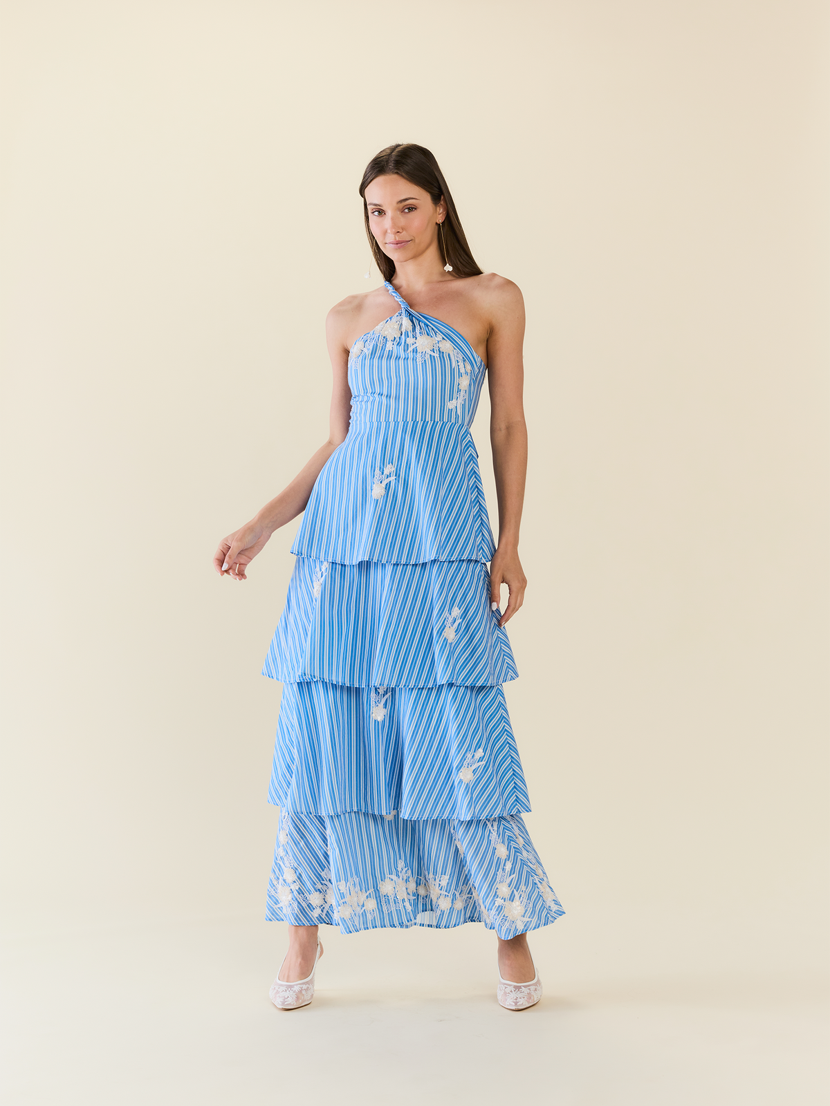 Emma Tiered Dress in Bluebell Beaded Stripe