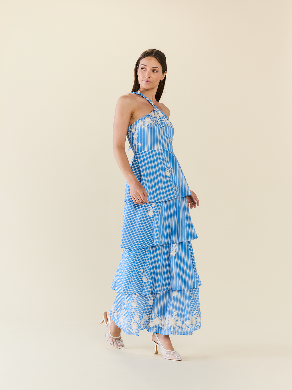 Emma Tiered Dress in Bluebell Beaded Stripe