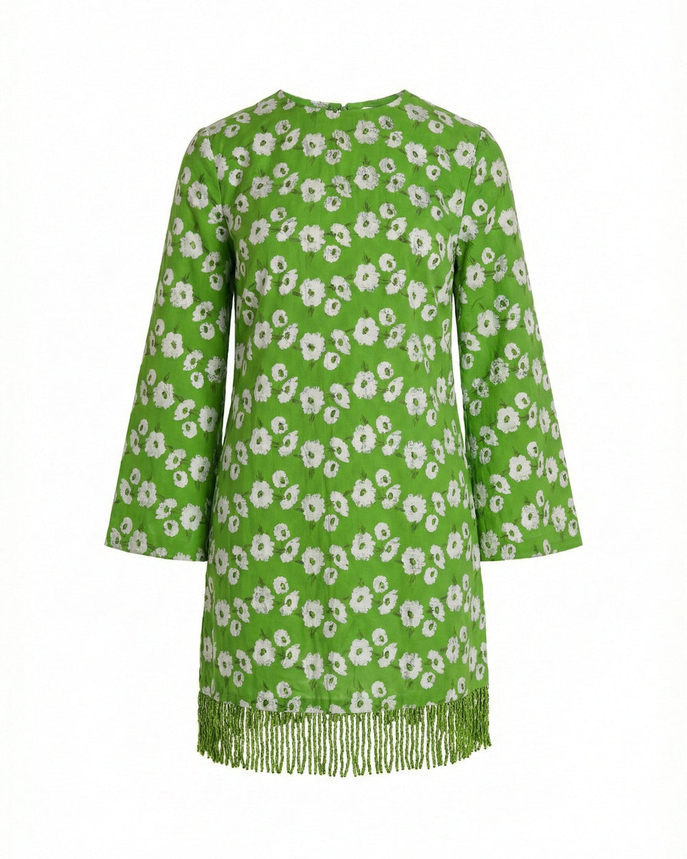 Front view of Tillie dress with green floral embroidery, bell sleeves, high neckline, and fringe hem on white background
