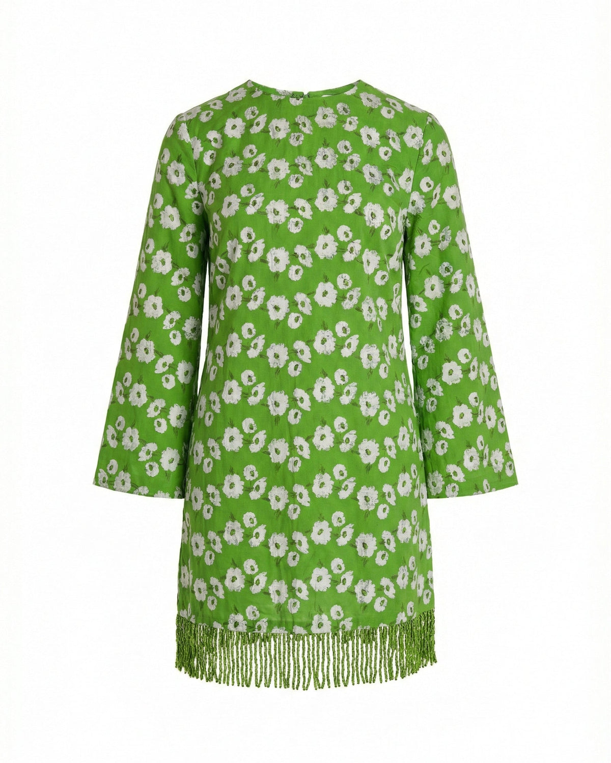Front view of Tillie dress with green floral embroidery, bell sleeves, high neckline, and fringe hem on white background