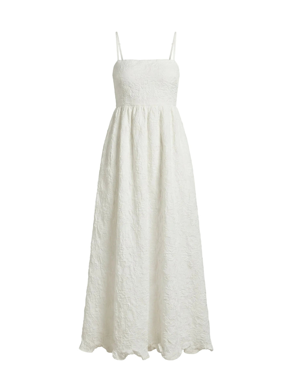 Front of Gavin Dress in Chapel White Floral, adjustable straps, structured bodice, gathered textured midi skirt on white
