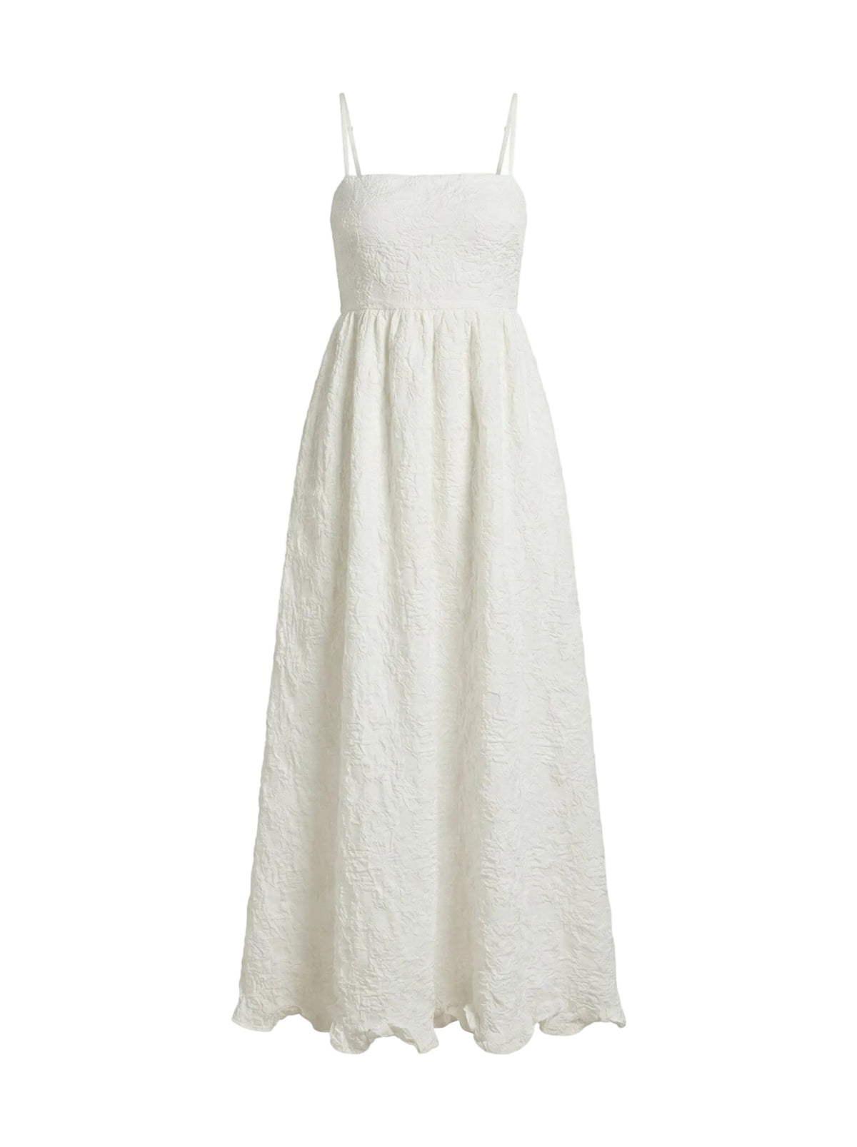 Front of Gavin Dress in Chapel White Floral, adjustable straps, structured bodice, gathered textured midi skirt on white