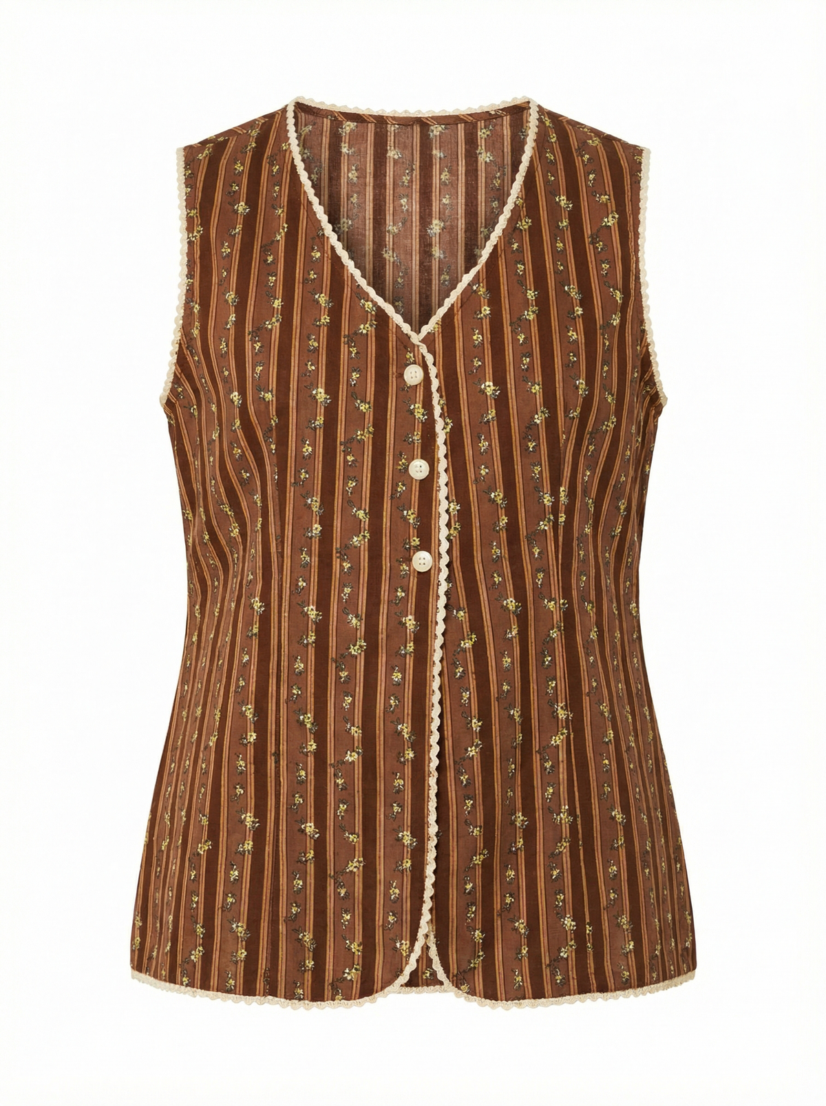 Front view of Alexa Top vest with V-neck, button front, chocolate stripes and floral print, scalloped trim on white background