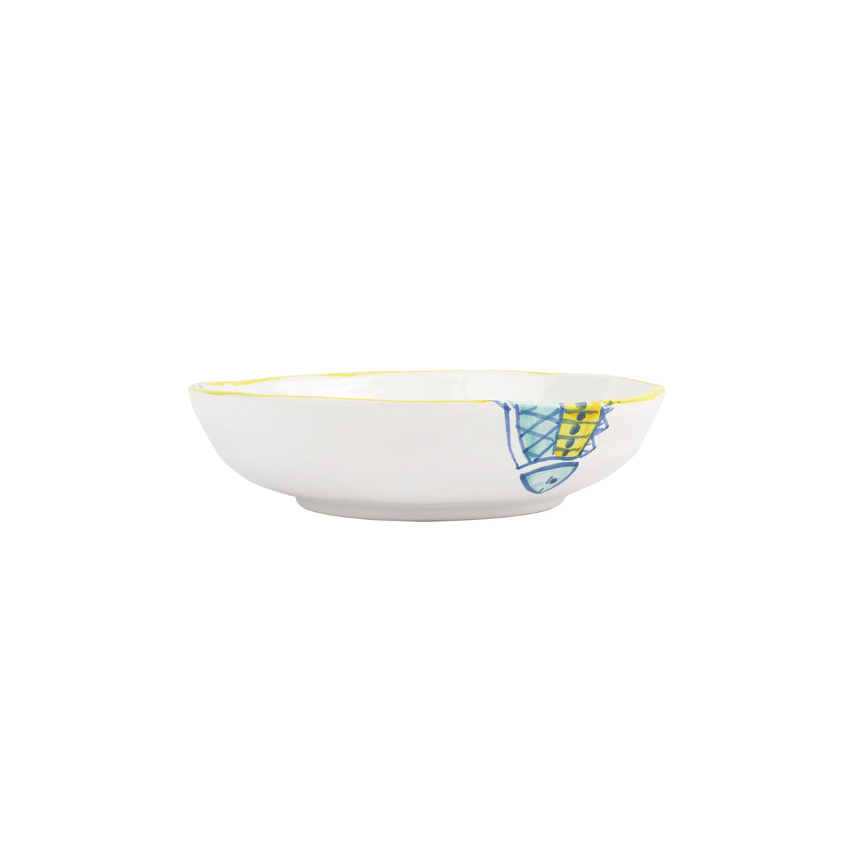 Side view of Elba’s Fish pasta bowl showing hand-painted blue and yellow fish motif and yellow rim on white background