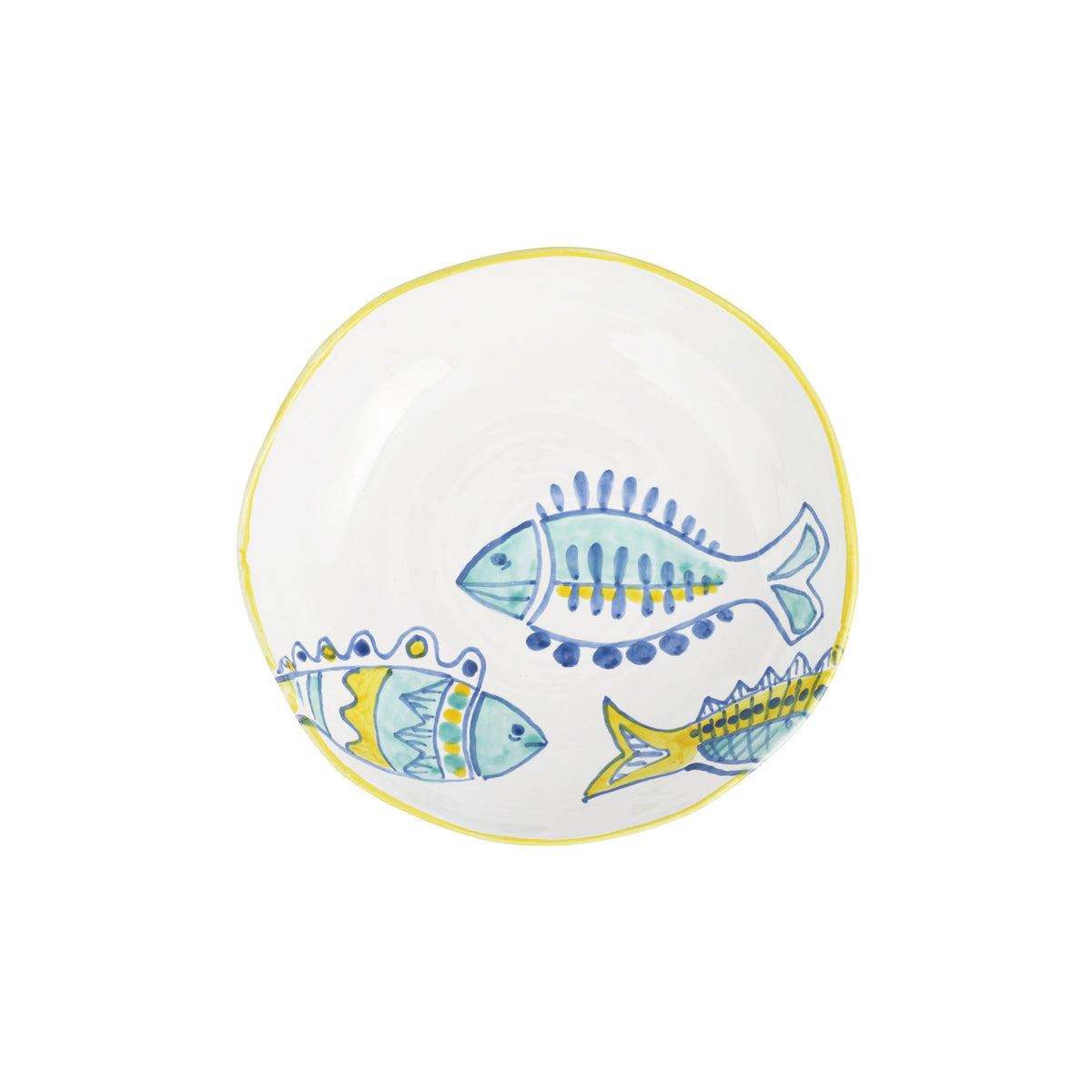 Top-down view of Elba’s Fish pasta bowl showcasing hand-painted aqua and yellow fish motif and yellow rim on white background