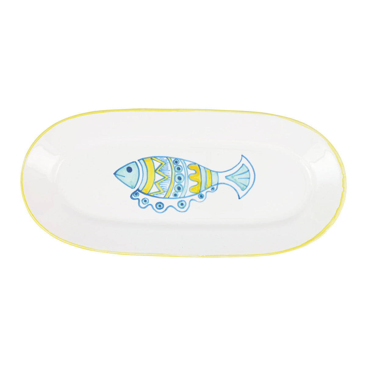 Top view of narrow oval platter showing a hand-painted blue and yellow fish motif and thin yellow rim on a white background