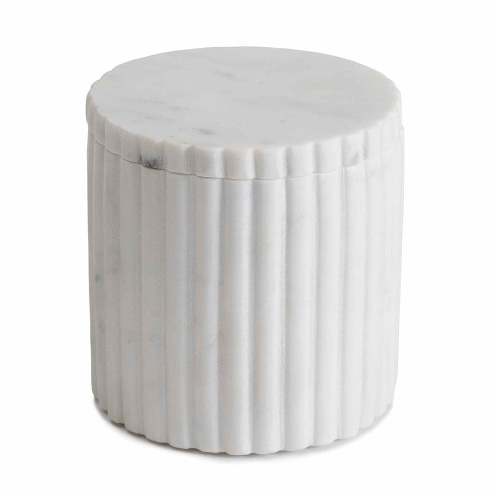 Angled front view of Beacon Hill Cotton Jar in marble showcasing ribbed sides, natural veining, and fitted lid on white background