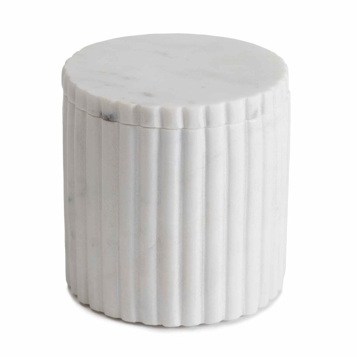 Angled front view of Beacon Hill Cotton Jar in marble showcasing ribbed sides, natural veining, and fitted lid on white background