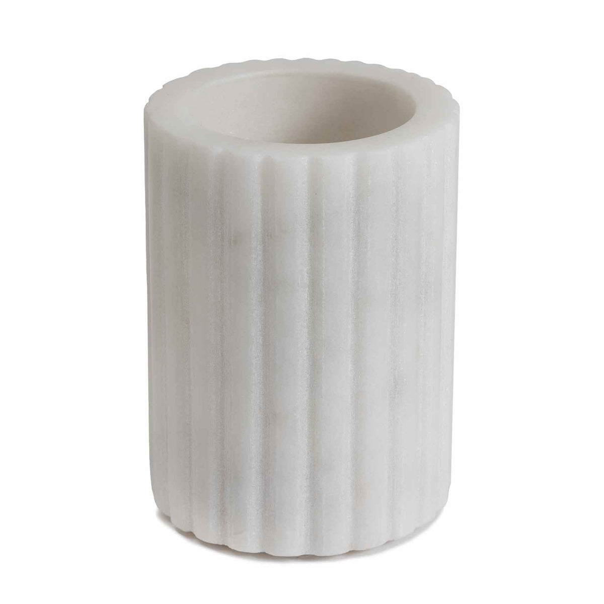 Front view of Beacon Hill marble tumbler showing ribbed fluted vertical texture and subtle veining on white background