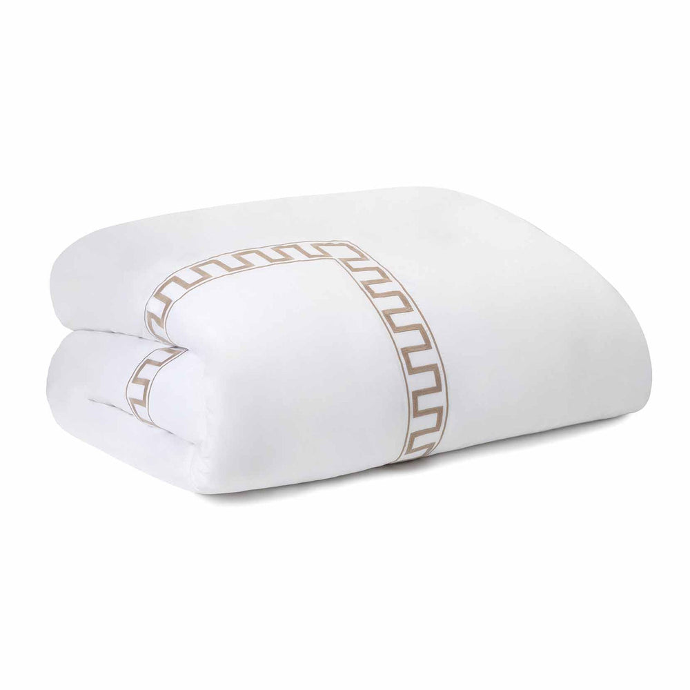 Folded Greek Key duvet in taupe showcasing embroidered Greek key border on white background