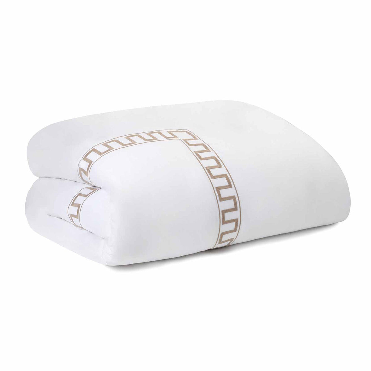 Folded Greek Key duvet in taupe showcasing embroidered Greek key border on white background