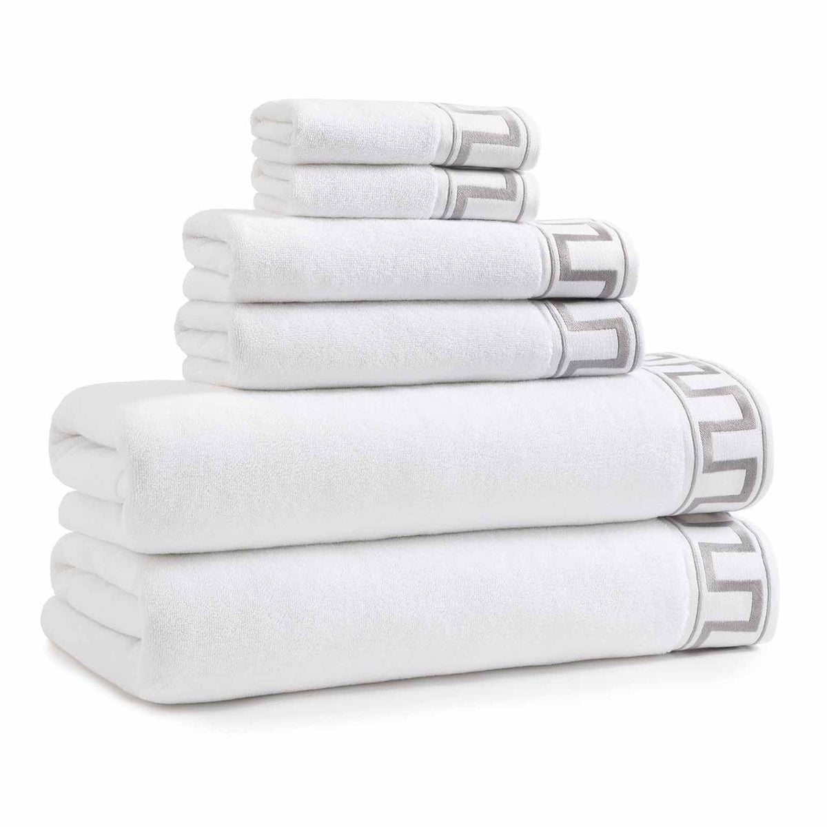 Stacked Greek Key bath towel set showing grey embroidered Greek key border on white cotton towels against white background
