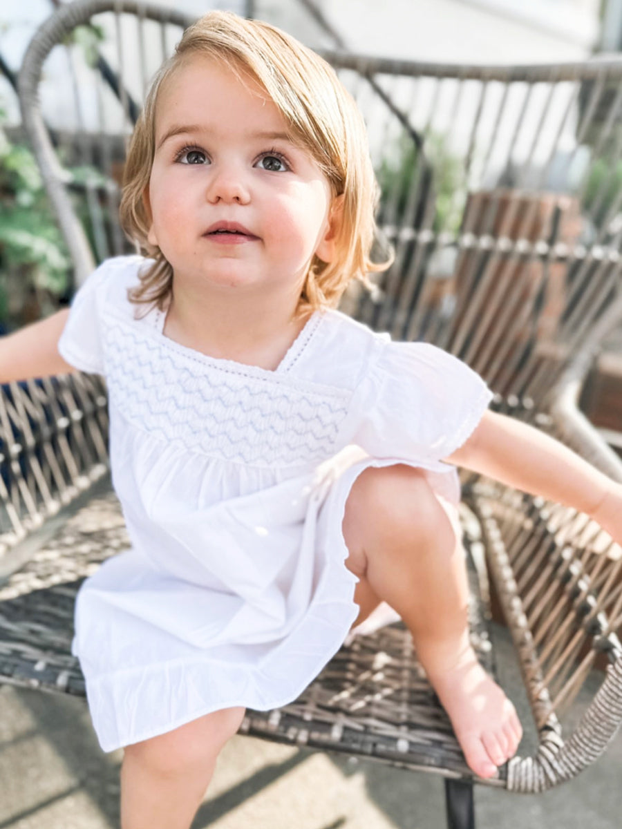 Amelia White Cotton Short Sleeve Dress with Blue Smocking