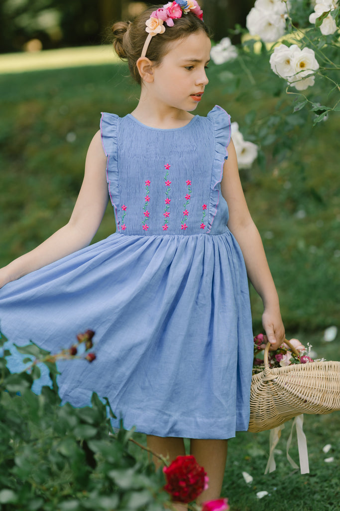 Elivia Blue Linen Smocked Dress