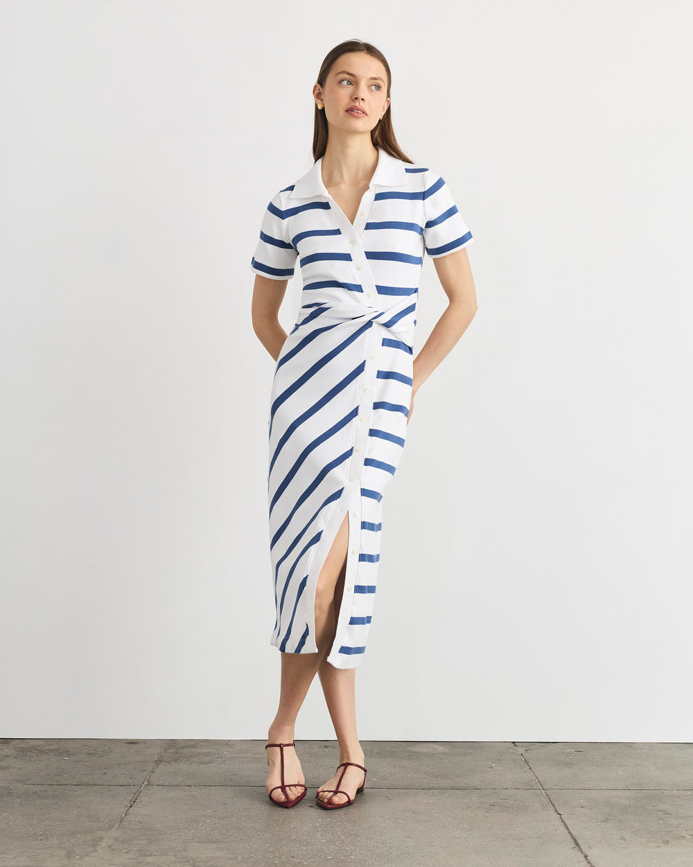 Short Sleeve Ellicot Dress in White & French Blue Wide Stripe