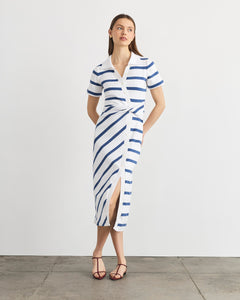 Short Sleeve Ellicot Dress in White & French Blue Wide Stripe