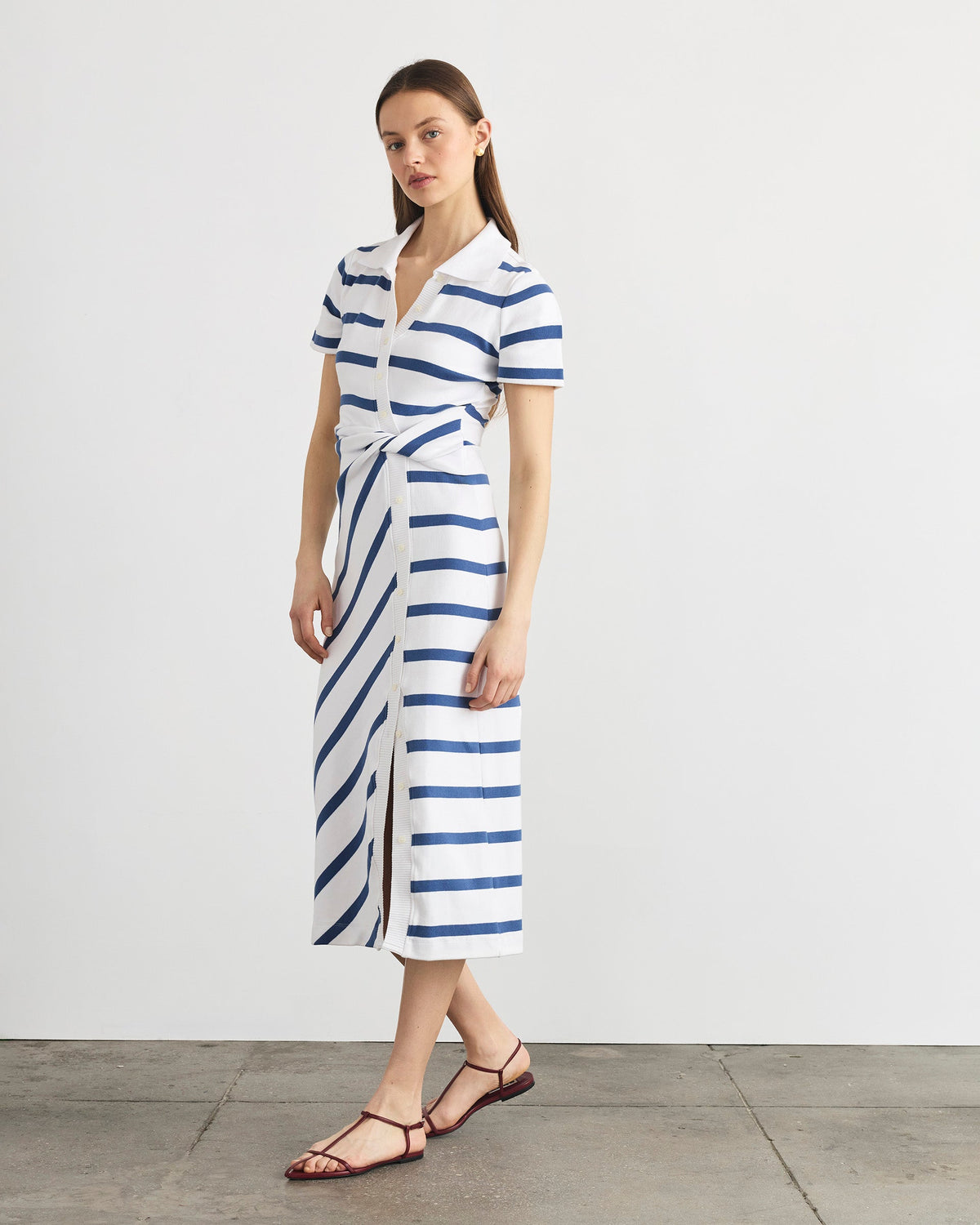 Short Sleeve Ellicot Dress in White & French Blue Wide Stripe