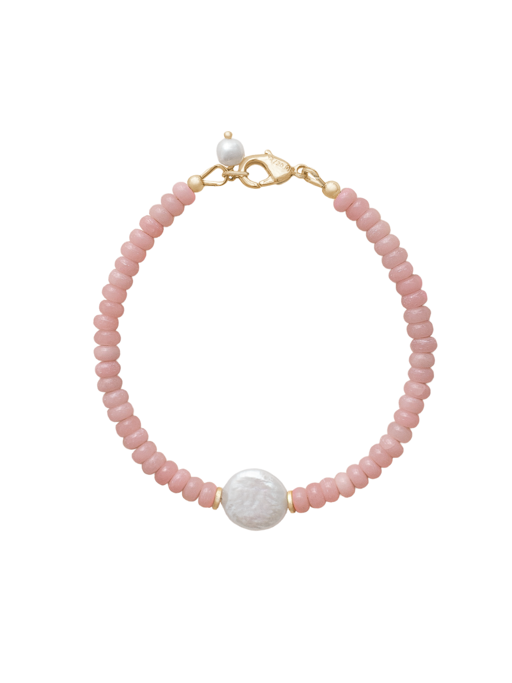 Top view of Ellie bracelet showcasing pink opal beads with central freshwater coin pearl and gold-filled lobster clasp on white background