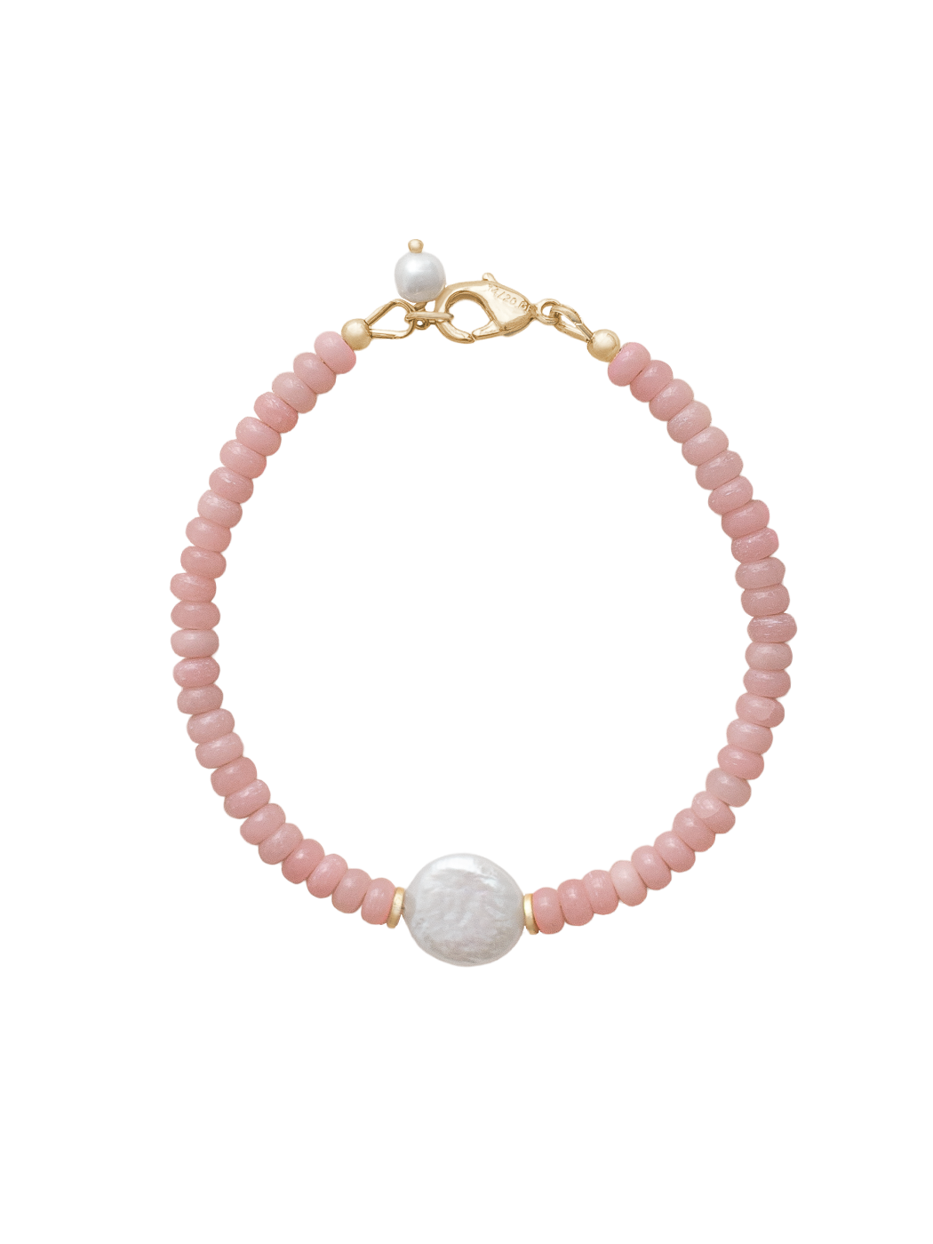 Top view of Ellie bracelet showcasing pink opal beads with central freshwater coin pearl and gold-filled lobster clasp on white background