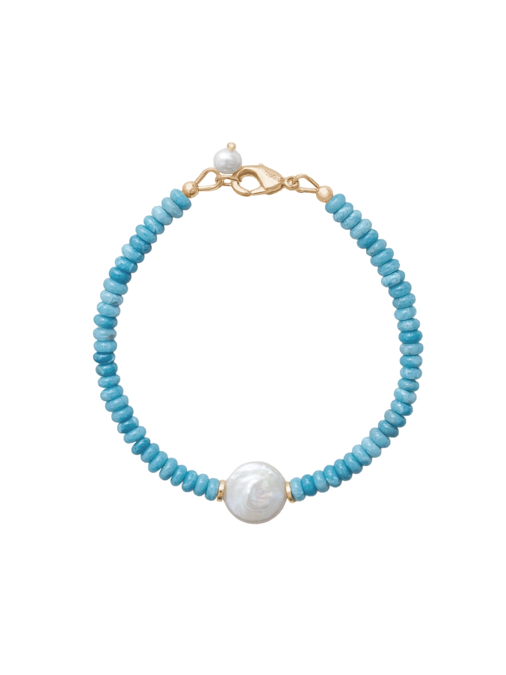 Flat lay of Ellie Bracelet showing blue larimar beads, a central freshwater pearl and gold-filled lobster clasp on white