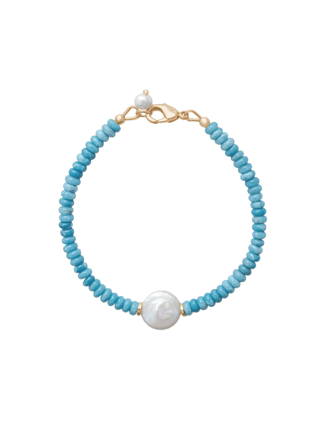 Flat lay of Ellie Bracelet showing blue larimar beads, a central freshwater pearl and gold-filled lobster clasp on white