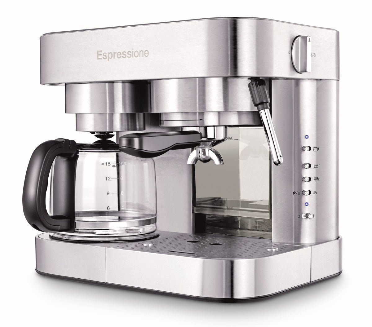Front view of Combination Espresso Machine & 10-Cup Drip Coffeemaker with carafe, steam wand, and measurement markings