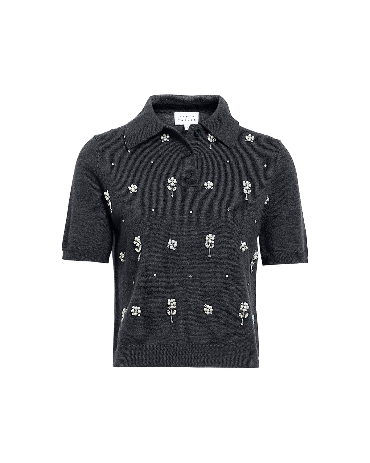 Camilla Embroidered Knit Top in Dark Heather Gray