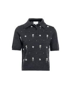 Camilla Embroidered Knit Top in Dark Heather Gray
