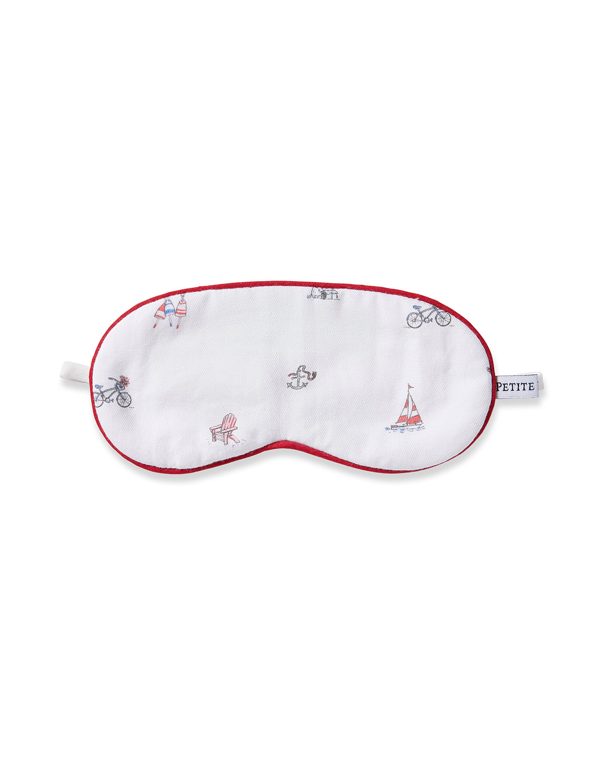 The Kids Coastal Charms Eye Mask by Petite Plume is a white sleep mask with red trim, adorned with illustrations of a bicycle, sailboat, folding chair, and rower. A PETITE tag on the side makes it perfect for personalization and gifting to those who love custom touches.
