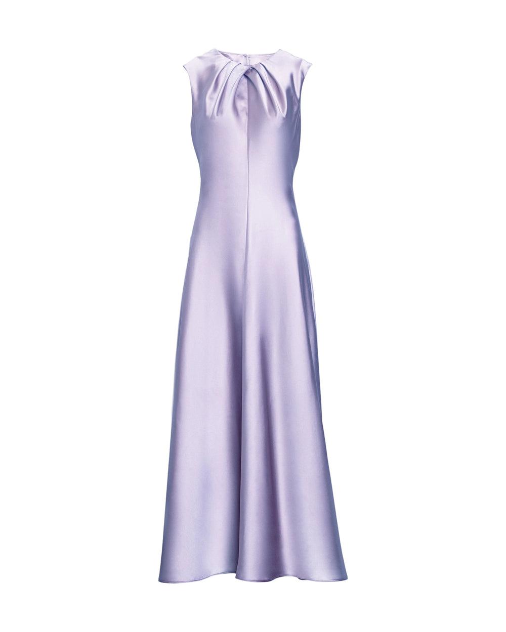 Front view of Emily Dress in lavender showcasing sleeveless crew neckline with knife pleats and fluid bias-cut satin skirt on white background