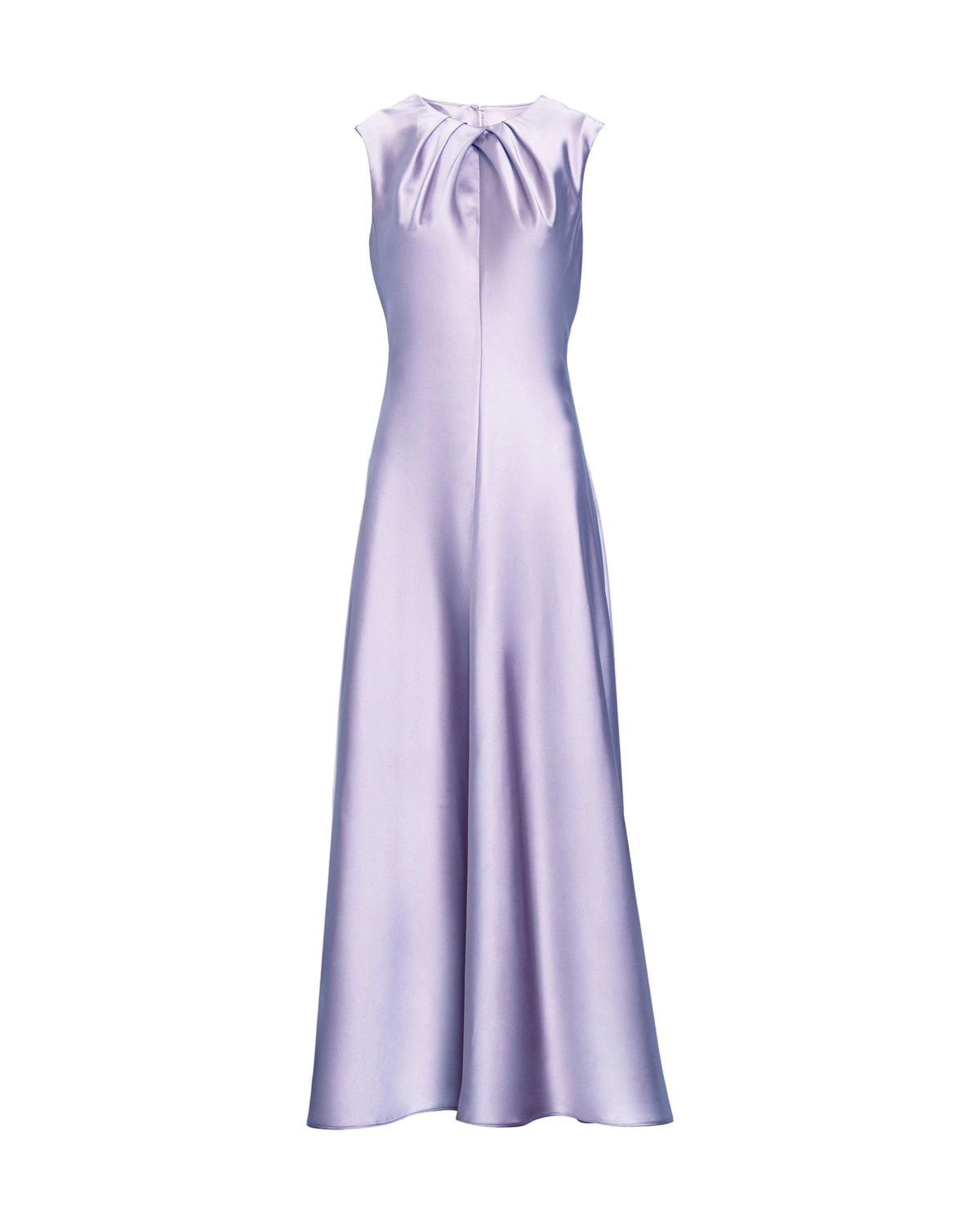 Front view of Emily Dress in lavender showcasing sleeveless crew neckline with knife pleats and fluid bias-cut satin skirt on white background